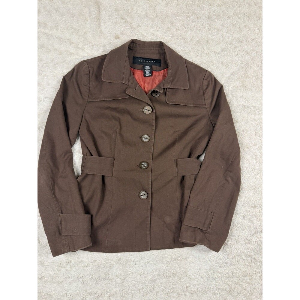 Apostrophe Women’s Brown Jacket Size 2 Button Front Belted Collared Long Sleeve2